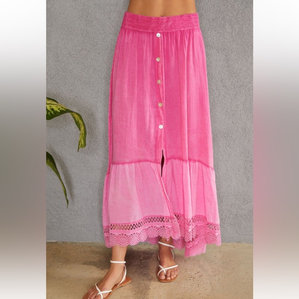 NEW BOHEMIAN BRAIDED ELASTIC WAIST LINEN COTTON PINK MAXI SKIRT - Picture 2 of 7